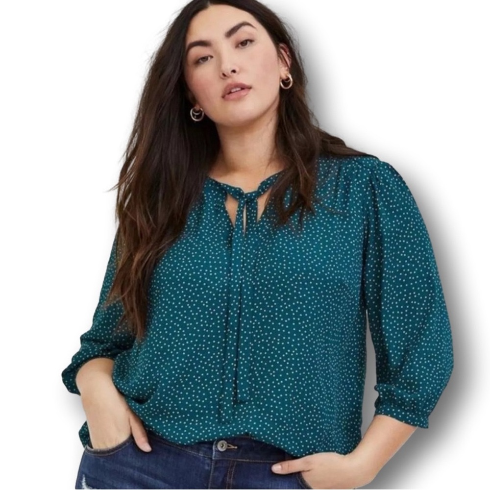 Torrid Georgette Tie Neck Blouse Size 2X Turquoise Tan Polka Dot 3/4 Sleeve EUC